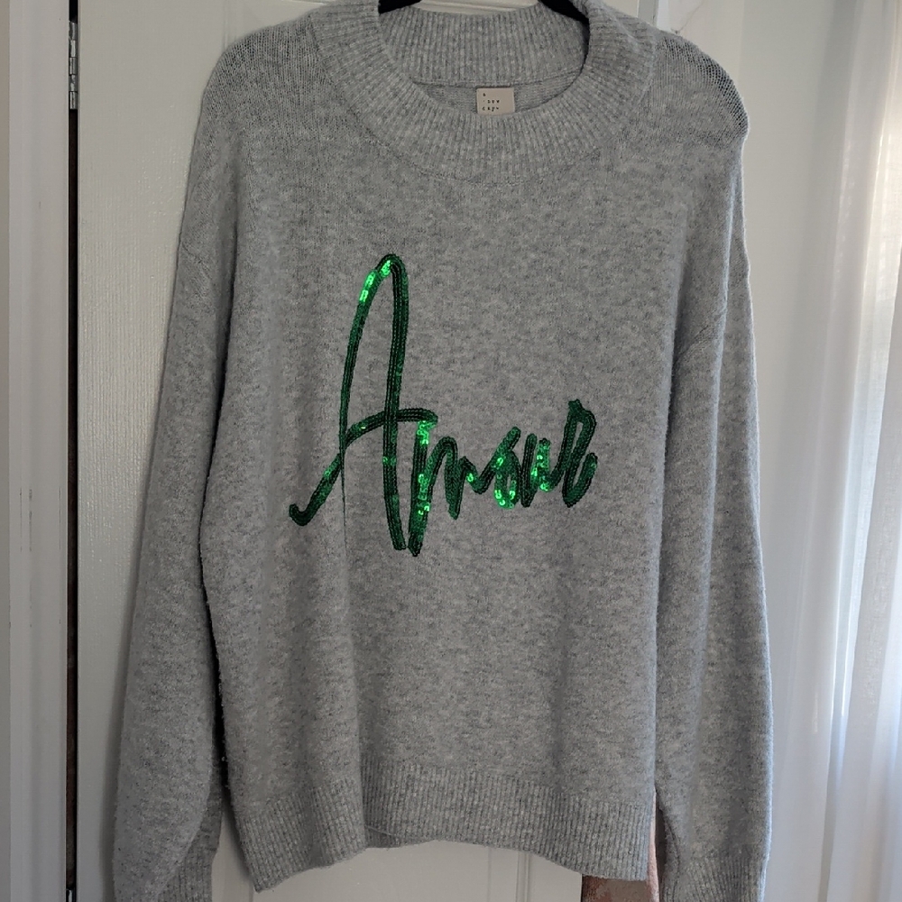 a new day Gray Sweater with Green Sequin Script